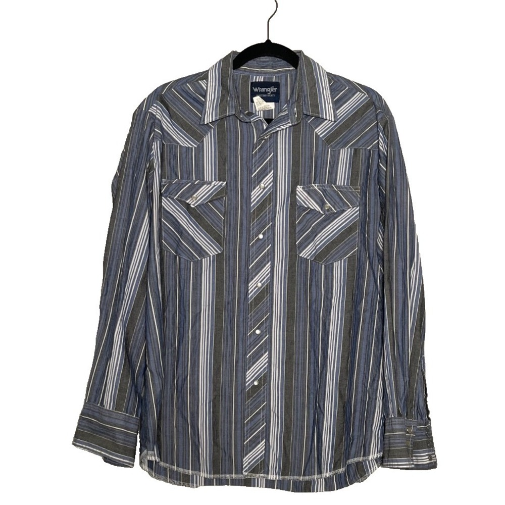VTG Wrangler Shirt Men's Large Blue Striped Pearl Snap Western Rodeo